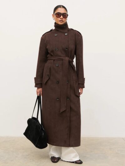 Leah Faux Suede Funnel Neck Trench Coat