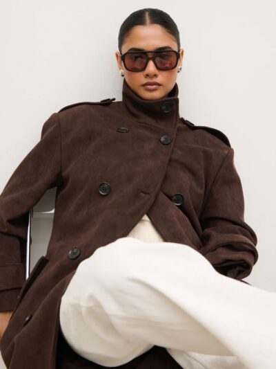 Leah Faux Suede Funnel Neck Trench Coat