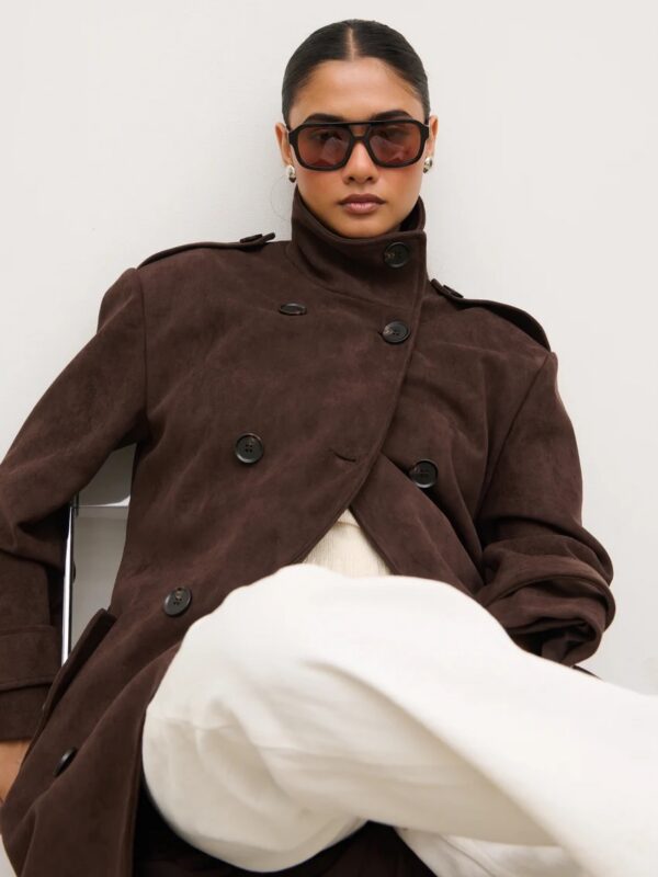Leah Faux Suede Funnel Neck Trench Coat - Image 2