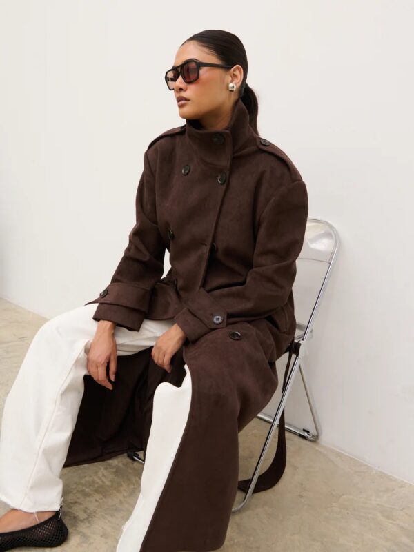 Leah Faux Suede Funnel Neck Trench Coat - Image 4