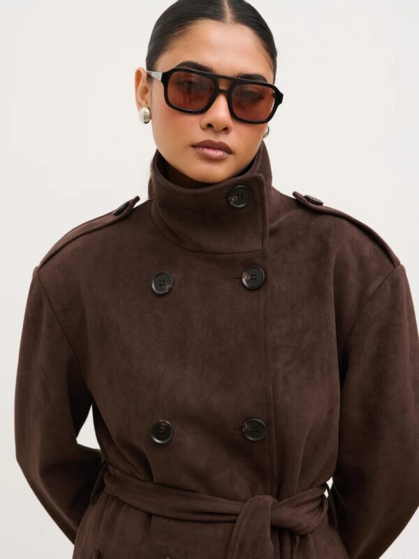 Leah Faux Suede Funnel Neck Trench Coat - Image 5