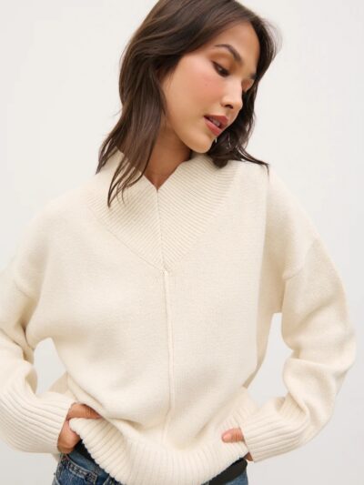 Jemma Wide Rib V-Neck Knit Jumper