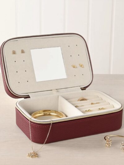 Medium Jewellery Box with Mirror – Burgundy, Black & Cream